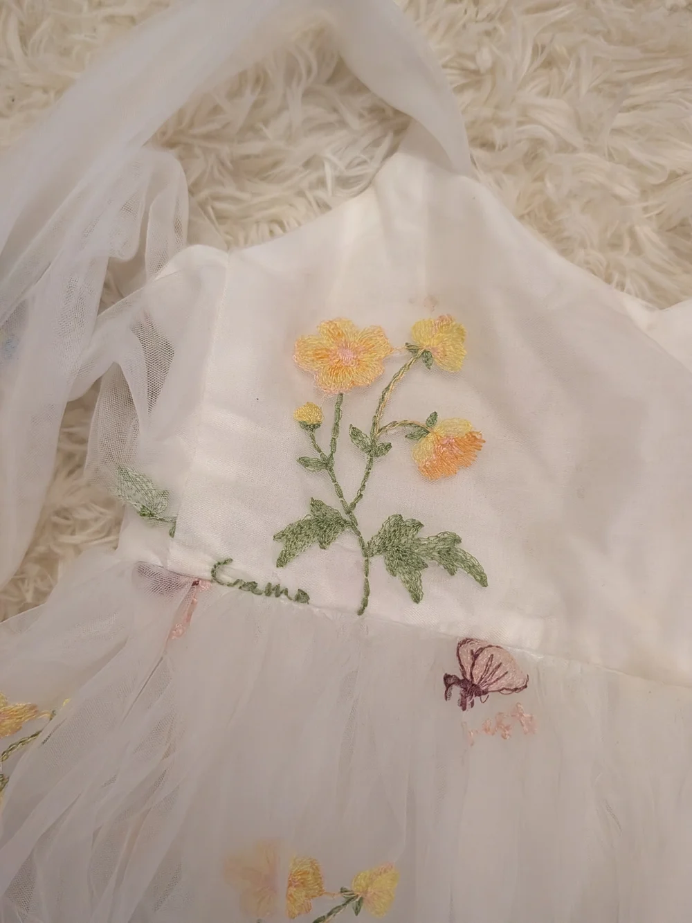 Toddler White Tulle Floral Embroidered Dress with Yellow & Green Accents